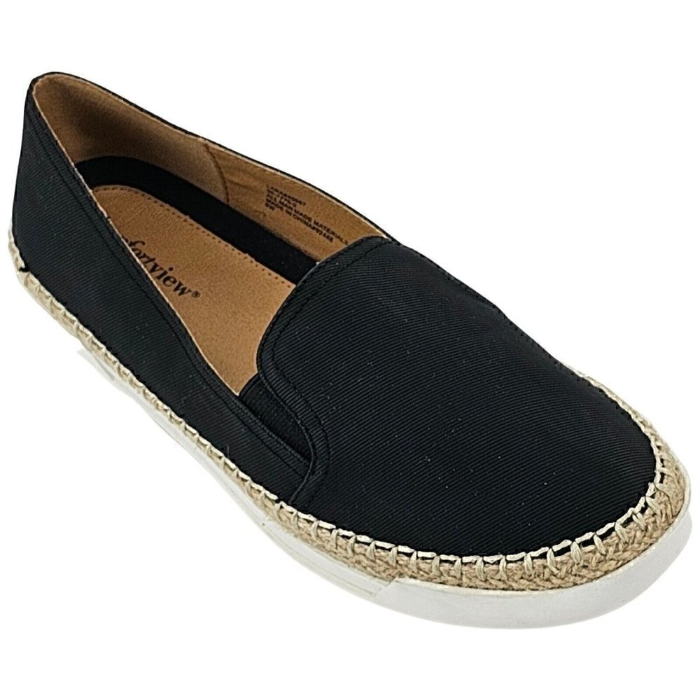 COMFORTVIEW Lara Black Canvas Slip-On Espadrille Flat Elastic Goring  8W
